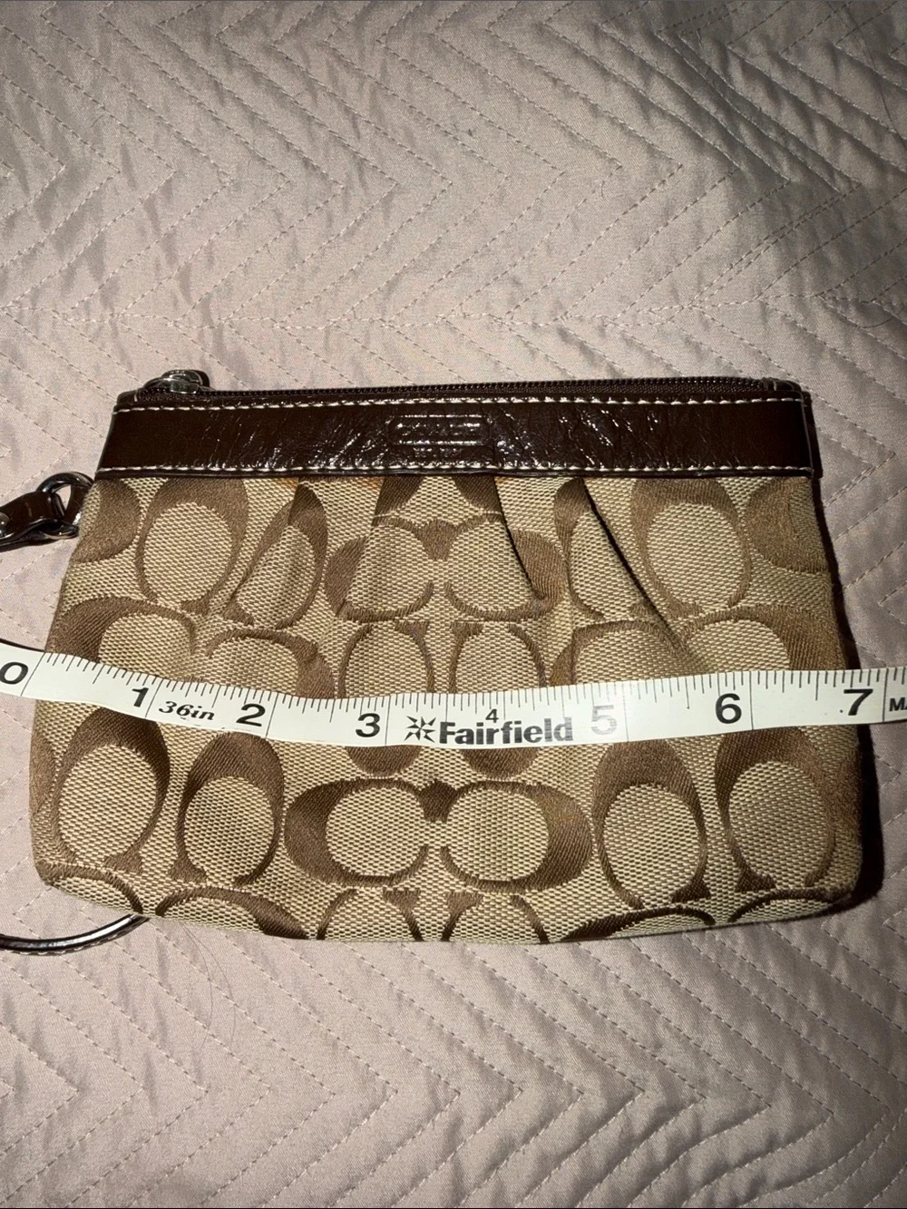 Coach Brown/Tan Signature Canvas Wristlet with Leather Trim